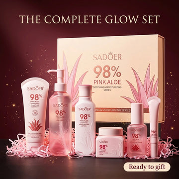 SADOER 98% Pink Aloe Soothing Moisturizing Skincare Set | 6-Piece Gift Kit with Cleanser, Toner, Eye Cream, Serum, Lotion & Cream