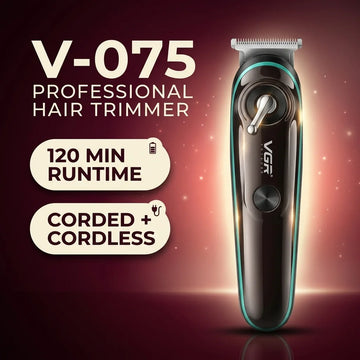 VGR V-075 Professional Hair Trimmer for Men | Corded & Cordless T-Blade Trimmer with Taper Lever and LED Display