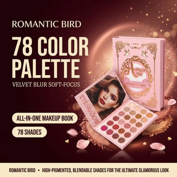 Romantic Bird 78 color makeup palette book: 48 eyeshadows, 6 blush, 6 highlighters, 12 cream lipsticks, powder & contour!